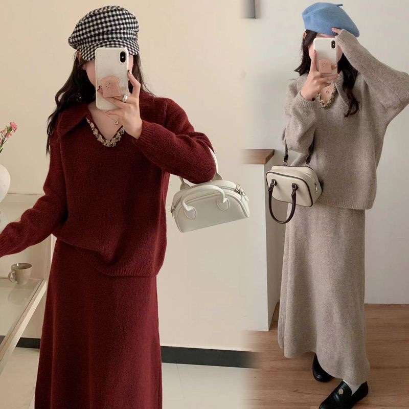 网红时尚气质红色新年毛衣套装女秋冬新款显瘦半身长裙子两件套潮