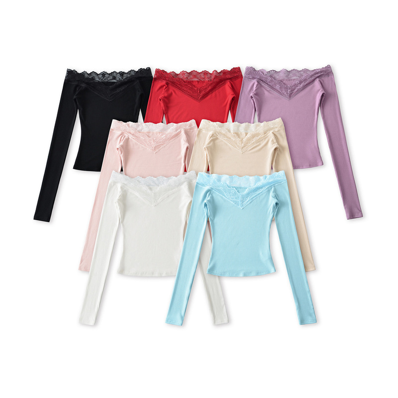 Ap26051-26 Spring Korean Style Slim Fit Lace One-Line Collar Candy-Colored Long-Sleeved Pullover T-Shirt Base Layer Ap26051-26 Spring Korean Style Slim Fit Lace One-Line Collar Candy-Colored Long-Sleeved Pullover T-Shirt Base Layer
