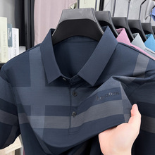 夏季短袖冰丝透气男士T恤中老年爸爸装polo格纹翻领上衣跨境外贸