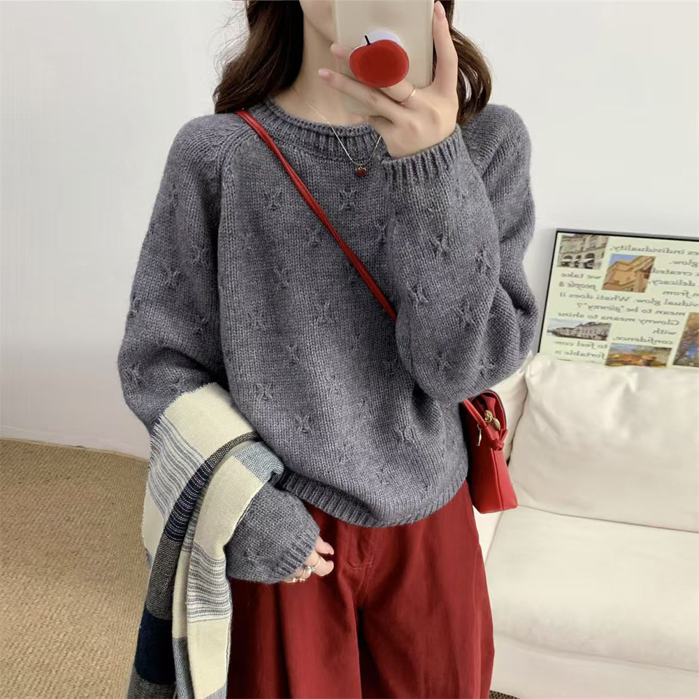 Suéter de Punto Calado para Mujer de Acrílico y Nailon con Cuello Redondo para Otoño e Invierno