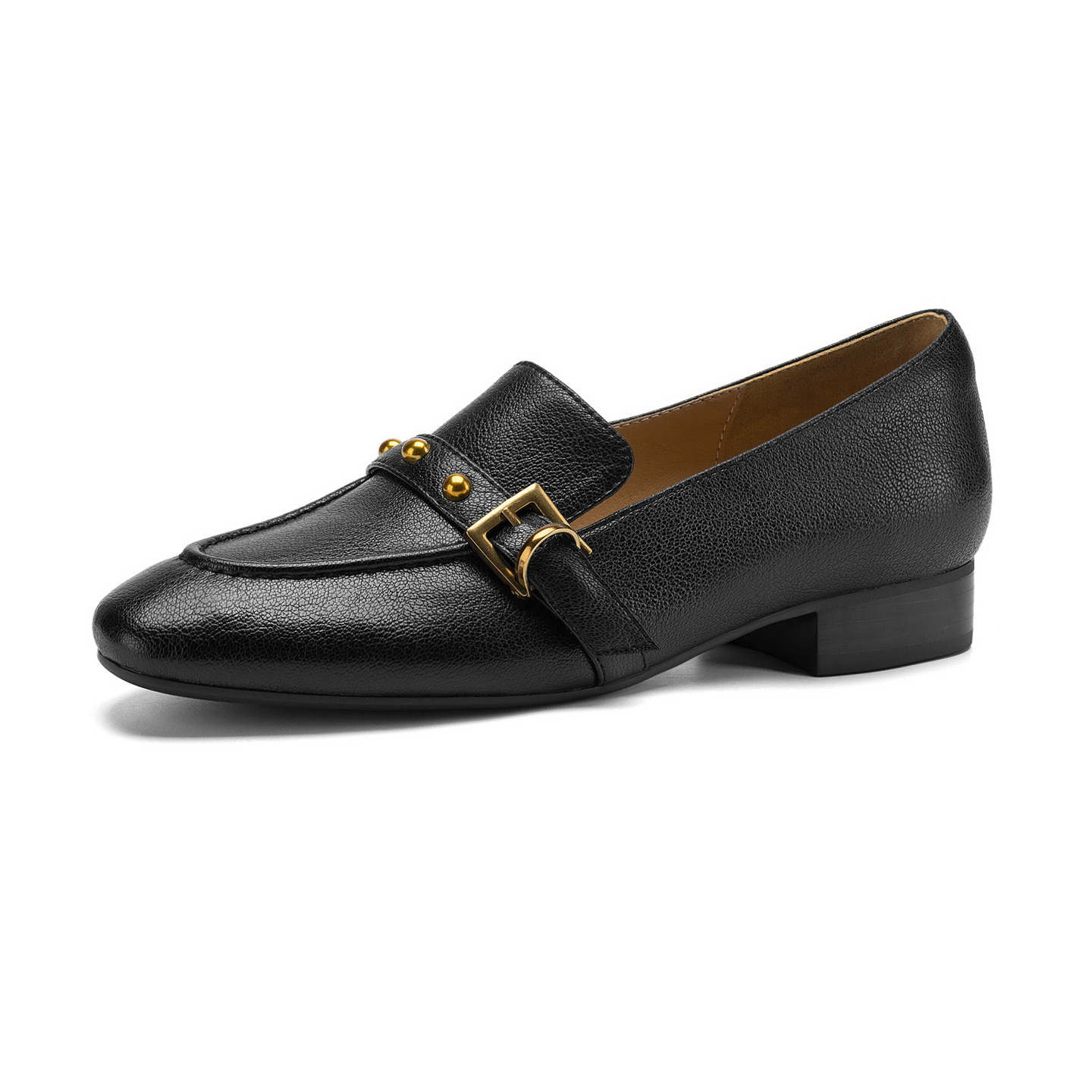 Giày da cừu loafer nữ mũi tròn gót thấp đinh tán — đen chi tiết 23