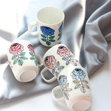 个性创意陶瓷玫瑰花马克杯情侣杯 北欧风新款骨瓷办公随手杯