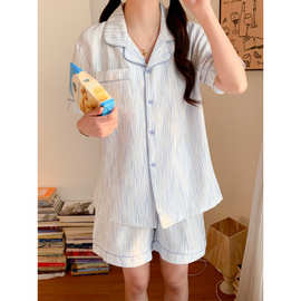 2025韩国ins推荐睡衣短袖短裤夏天蓝条纹宽松家居服女士套装
