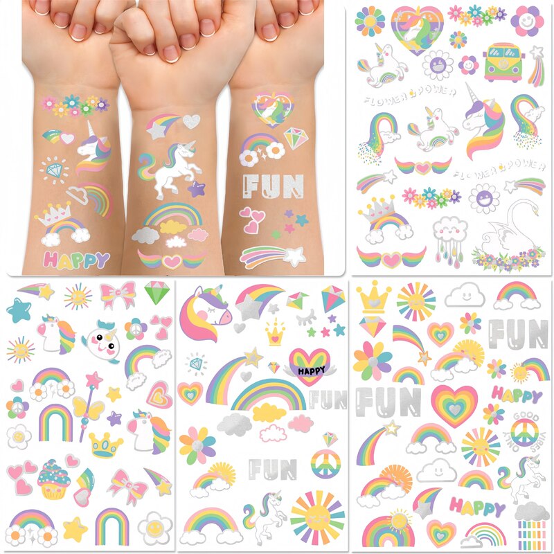 Cross-Border Children's Cartoon Rainbow Tattoo Stickers for Girls and Boys with Cute Floral and Unicorn Designs for Birthday Parties