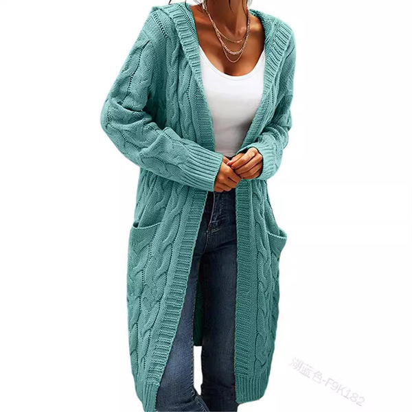 solid color knitted long sweater with hood