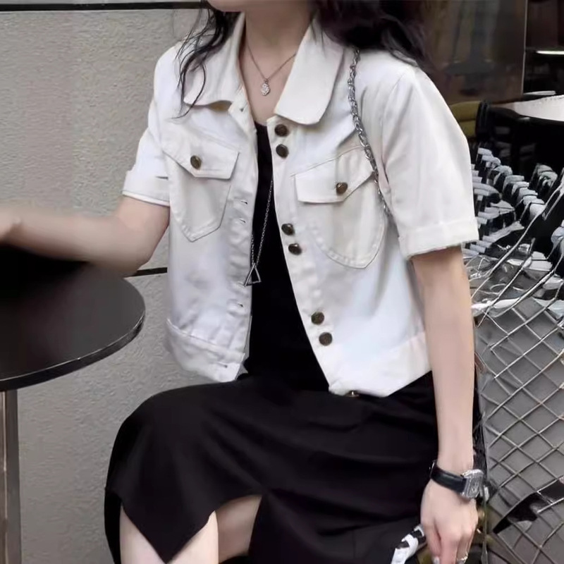 Thin Short-sleeved Denim Shirt Jacket for Women Petite Short Versatile Loose Casual Top Outwear