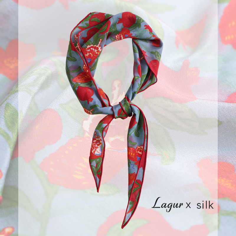 Butterfly Pomegranate' 100% Mulberry Silk Triangle Scarf, Silk Crepe Hemmed Diamond Scarf For Women, Luxury Style - Thumbnail 4