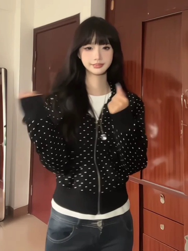 美式辣妹风波点满印连帽短款卫衣女秋季2025新款休闲百搭开衫外套|undefined
