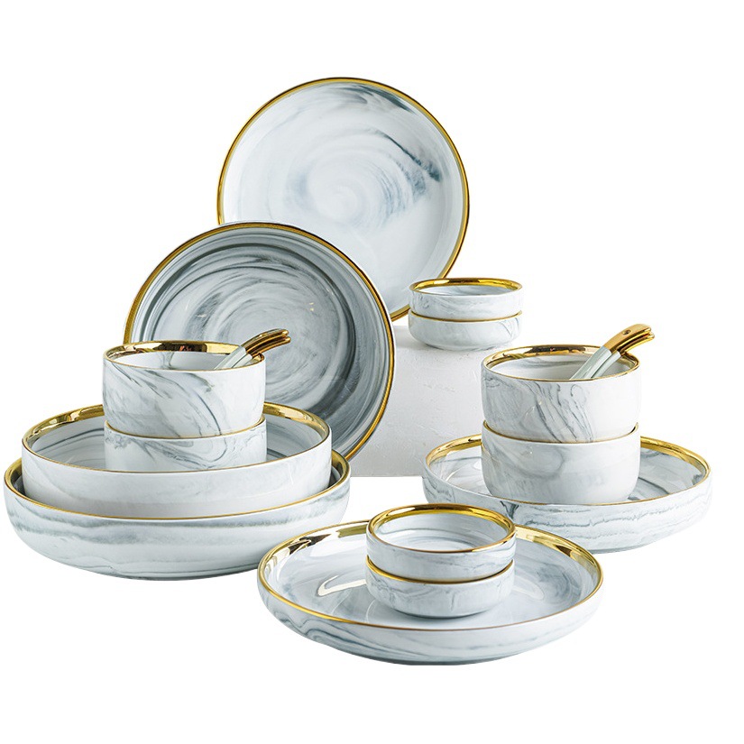 Tazón y plato de mármol de borde dorado nórdico traje hogar red tazón y plato de cerámica roja combinación de vajilla tazón de arroz plato de sopa