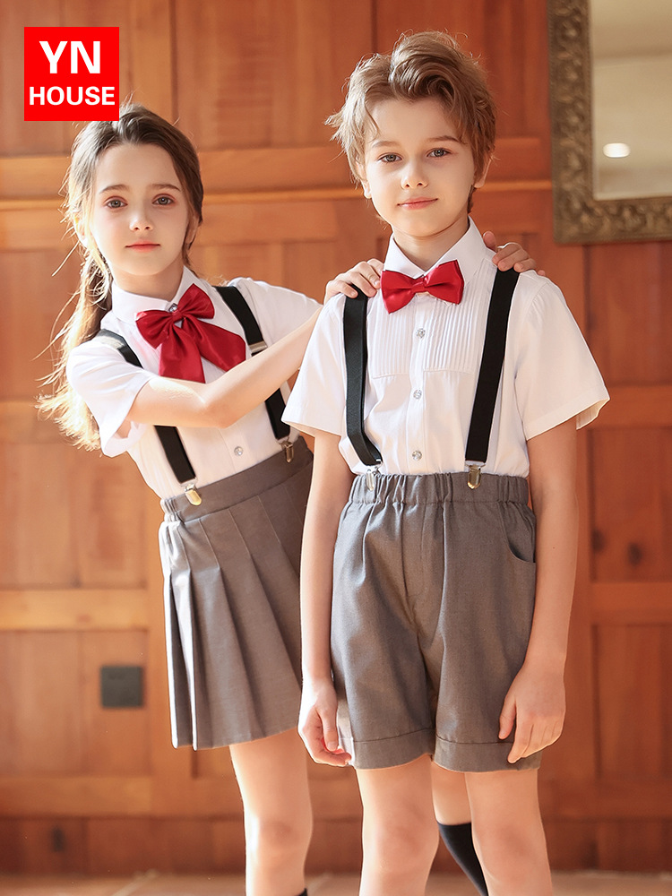 Trajes de interpretación de coro de verano para niños, trajes de tirantes de estilo británico para escuelas primarias y secundarias, uniformes de jardín de infantes, uniformes de clase de graduación
