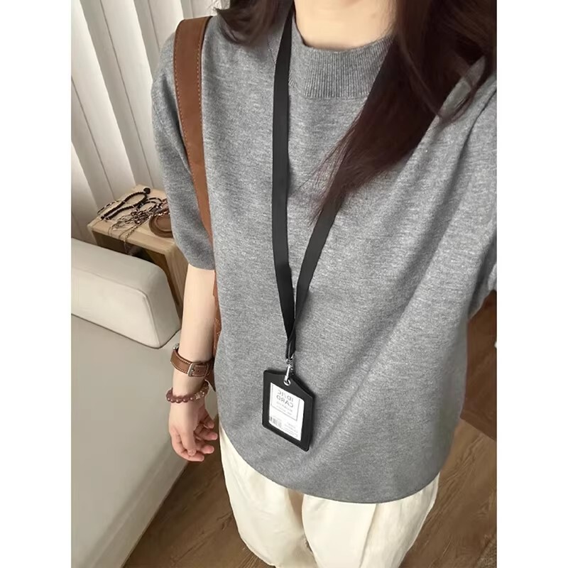 Old Money Style Ice Silk Knit Short-Sleeve Men's Summer Half-High Collar Regular Shoulder T-Shirt in Dark Gray, Suitable as an Inner Layer