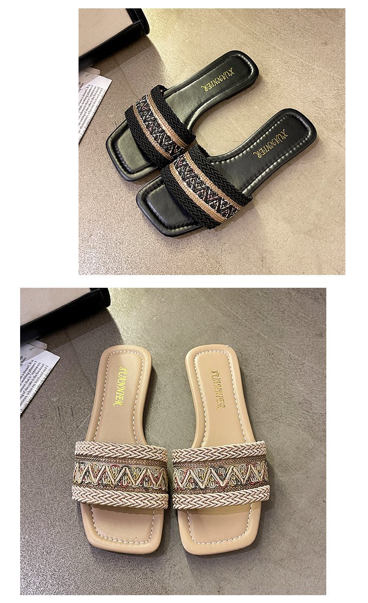 Große einreihige Hausschuhe mit flacher Sohle für Damen im ethnischen Stil, gewebte Strandsandalen mit quadratischer Zehenpartie_voghion.com