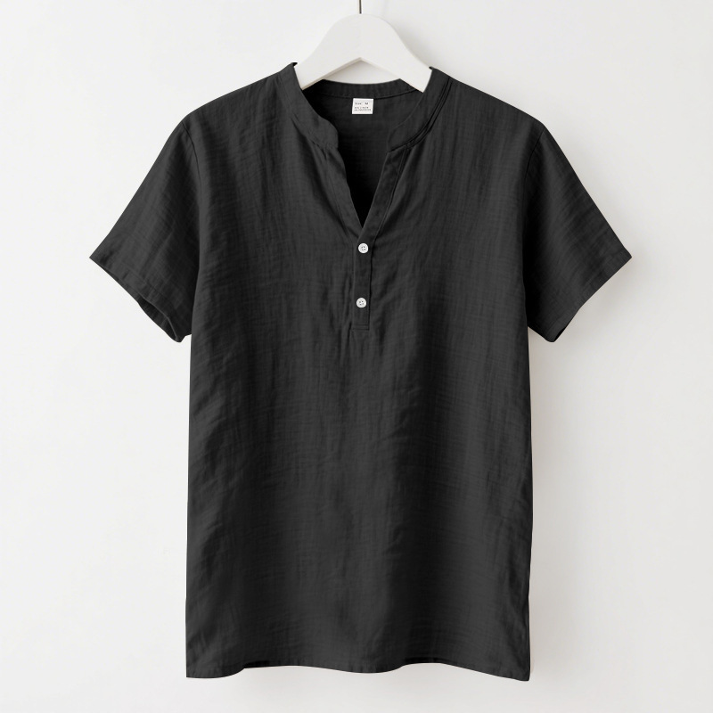 Camisa suelta casual de verano para hombres europeos y americanos, camisa de color sólido de lino de manga corta con cuello alto de moda para hombres