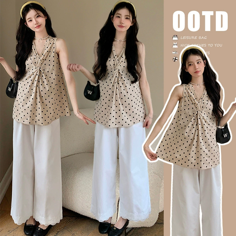 Летний костюм для беременных 2025, новый топ-жилет без рукавов в горошек с завитками и широкие брюки, летний комплект из двух предметов