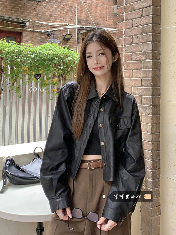皮衣外套女夏季韩版2025新款小个子感短款宽松长袖机车服夹克|undefined