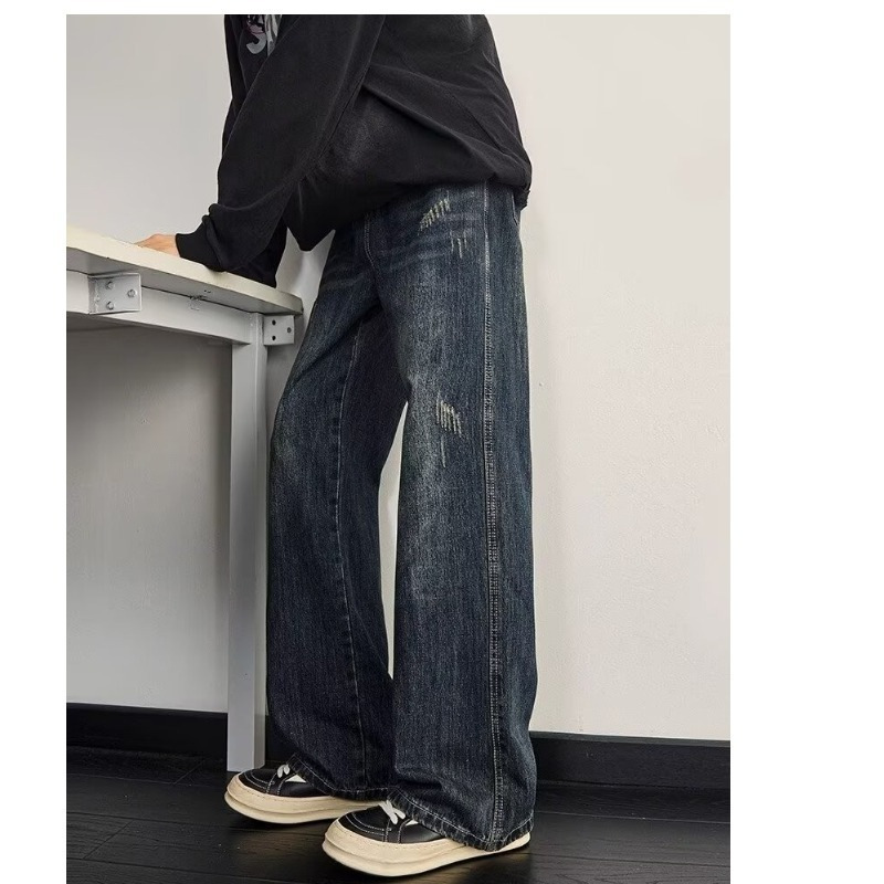 Men's Washed Vintage High Street Jeans Distressed Denim Loose Straight-Leg Fit Streetwear Style Blue S-3XL_mkmklike.com
