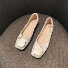 方头单鞋女2025秋季新款韩版豆豆鞋布面瓢鞋方扣浅口平底鞋晚晚风