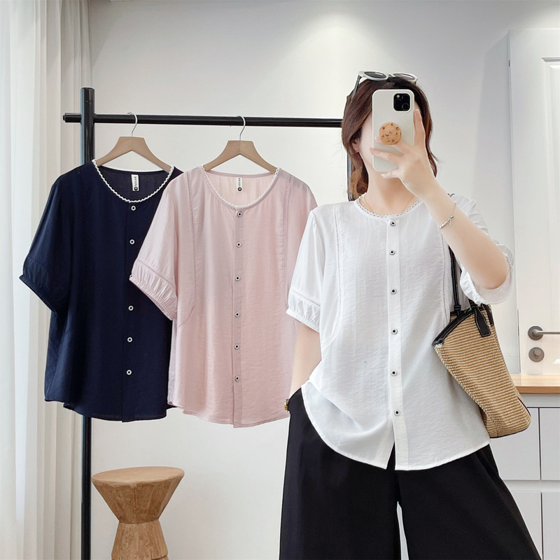 2026 Summer Short-Sleeve Shirt Plus Size Women's Lace Collar Top Cardigan with Hollow Out Details Versatile Shirt for Plus Size Women 2615 2026 Summer Short-Sleeve Shirt Plus Size Women's Lace Collar Top Cardigan with Hollow Out Details Versatile Shirt for Plus Size Women 2615
