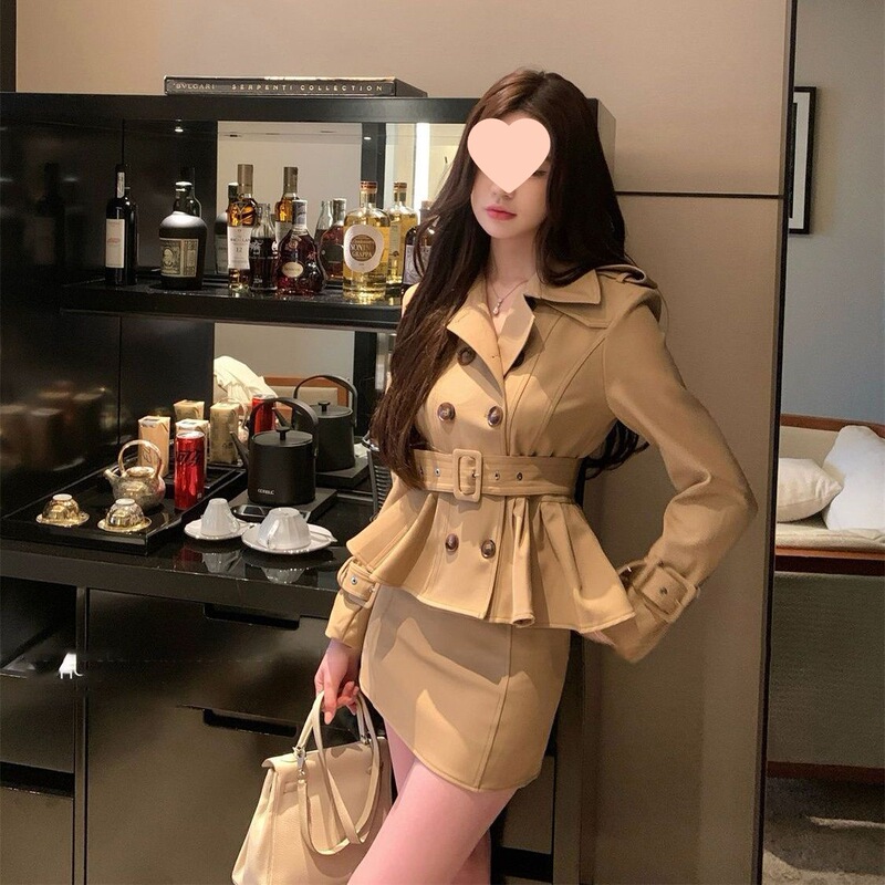 卡其双排扣外套女春秋+裙裤两件套秋季收腰气质裙套装|undefined