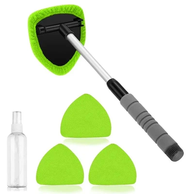 Windshield Wiper Cleaning Brush Defogging Car cleaning tools - 1-pentagonal-telescopic-pole-4-green-cloth-covers-1-50ml-spray-bottle
