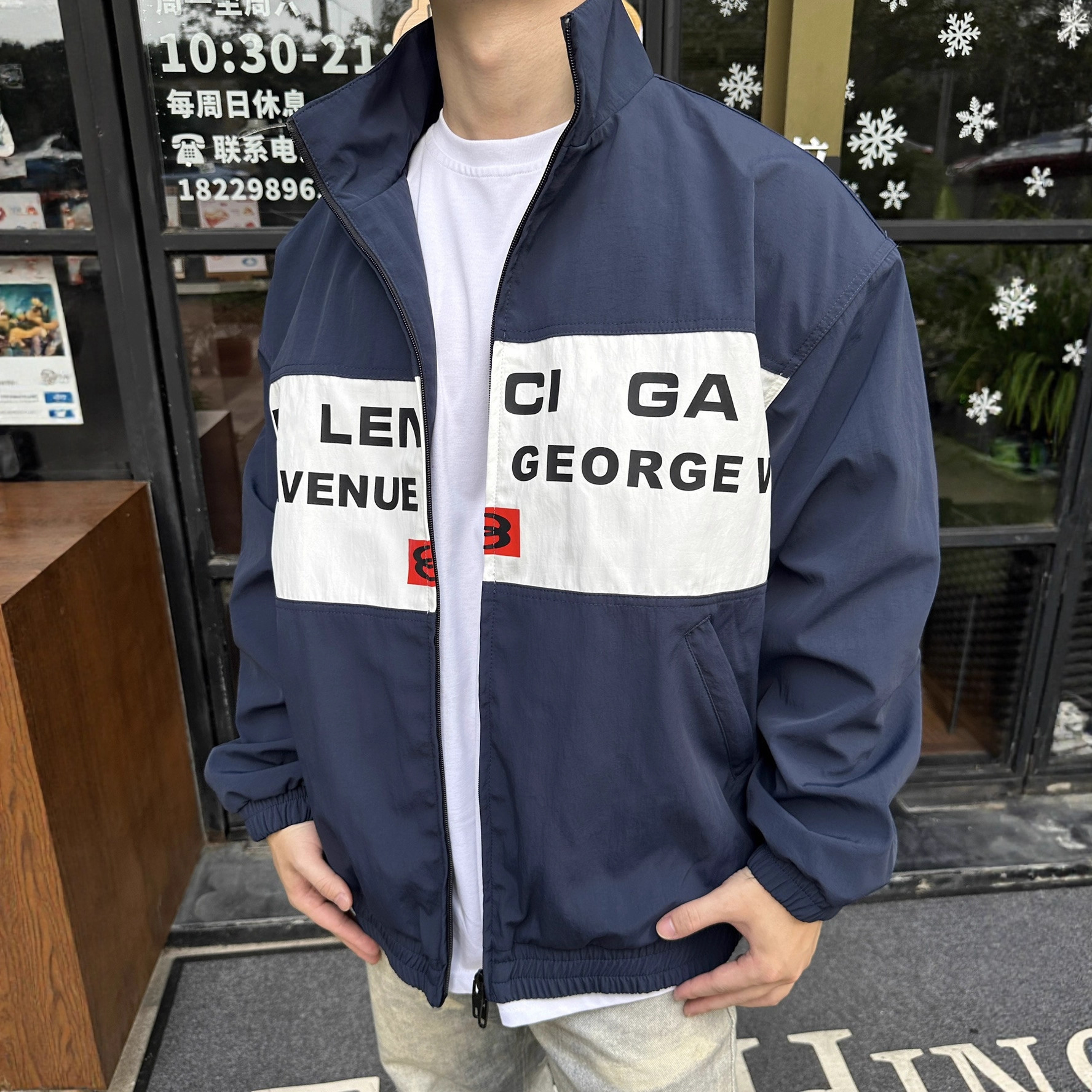 Original Label Designer In-Stock Paris B Brand Three-Color Double-Ring Print Stand Collar Jacket Coat for Men and Women