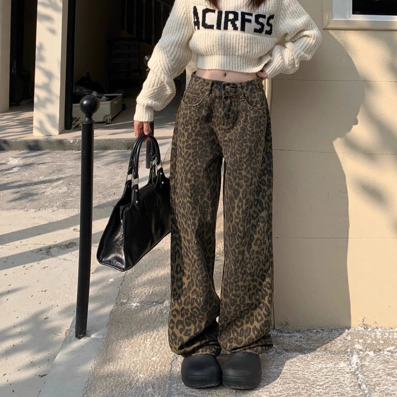Winter Hot Girl High Street Loose Straight Pants Casual Floor-Length Pants American Retro Leopard Print Wide-Leg Jeans for Women Winter Hot Girl High Street Loose Straight Pants Casual Floor-Length Pants American Retro Leopard Print Wide-Leg Jeans for Women