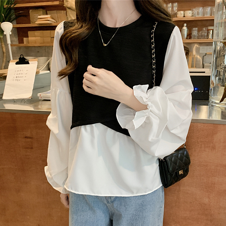 Korean Autumn Women's Long Sleeve Stitching Chiffon Fake Two-piece Shirt Women's Top Design Puff Sleeve French Shirt