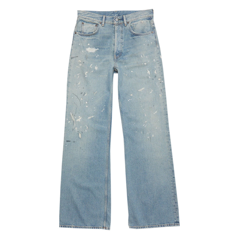 クロスボーダーのトレンディなAC手描きのスプラッシュインクのほつれ加工のウォッシュ加工のダメージ加工のパンツ、男性と女性用、ゆったりと多用途、軽くて豪華なワイドレッグジーンズ