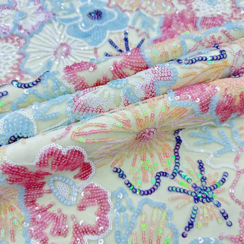新款国风轻奢多色绣花珠片绣面料·多彩花朵跨境亮片刺绣童装礼服