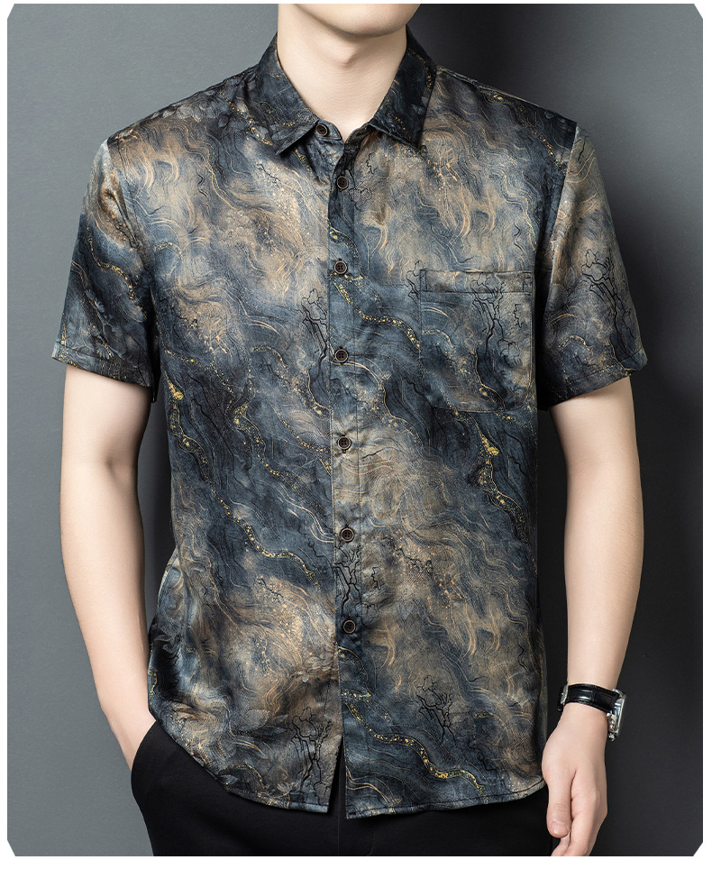 Áo sơ mi nam ngắn tay lụa Mulberry Silk rộng rãi mùa hè — Xám 26625 chi tiết 9