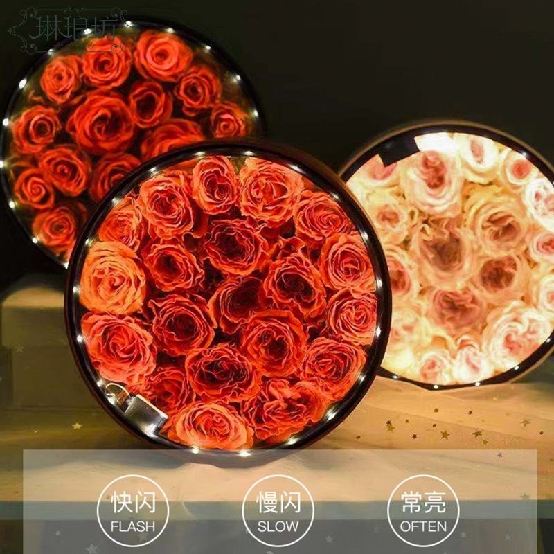 Día de San Valentín chino luminoso caja redonda ventana caja de flores transparente con ramo de luz Rose caja LED luz vacía caja de regalo