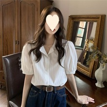 韩系温柔短袖衬衫女夏季新款设计感蕾丝花边宽松白色上衣