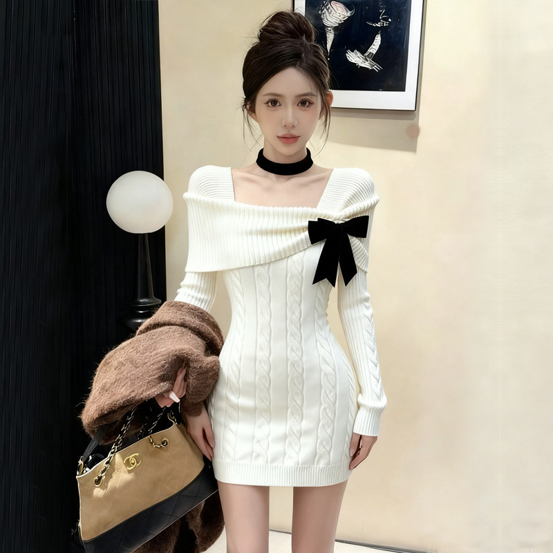 Real Shot of Christmas and New Year Jersey Red Sweater Women's Autumn and Winter 2025 New Bow Knitted Dress