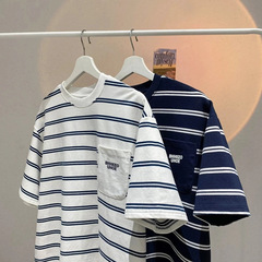 ストライプ Tシャツ メンズ 半袖 日本のトレンディなブランド トレンド シティボーイ 夏 ラウンドネック レトロデザイン 半袖 Tシャツ
