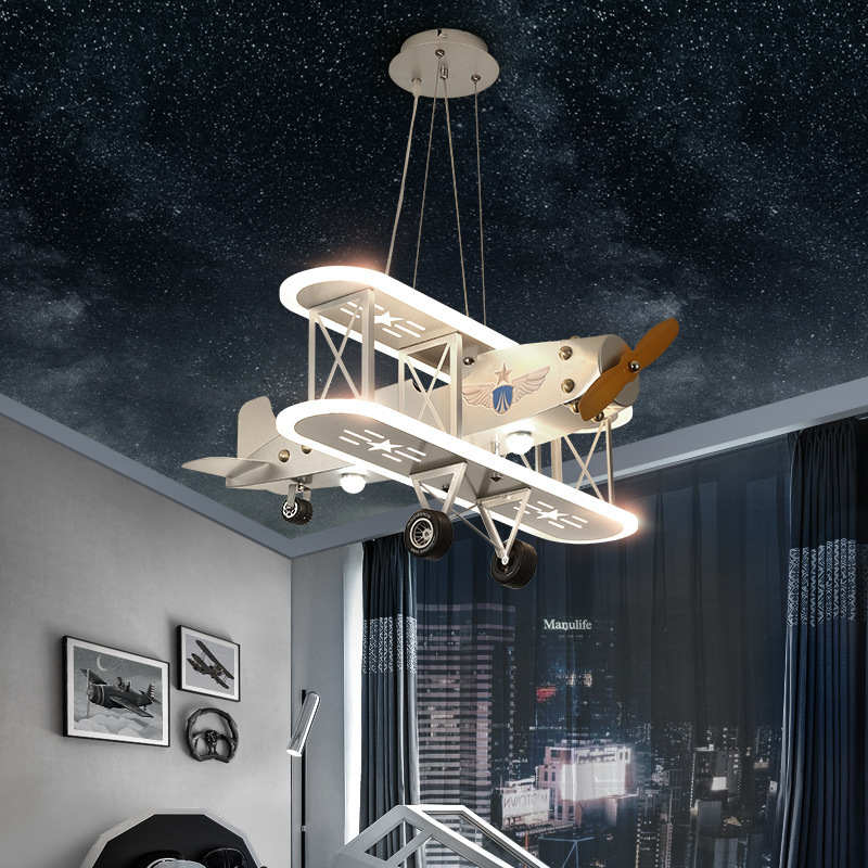 模型飞机灯儿童房创意男孩银色战斗机卧室吊灯航空主题幼儿园灯具