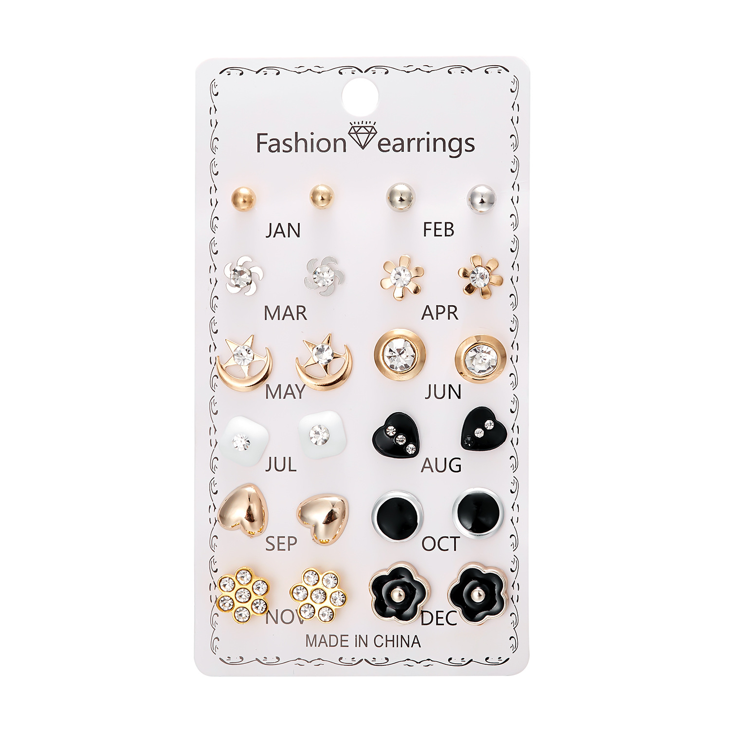 Set de 12 pares de aretes con flores de diamante
