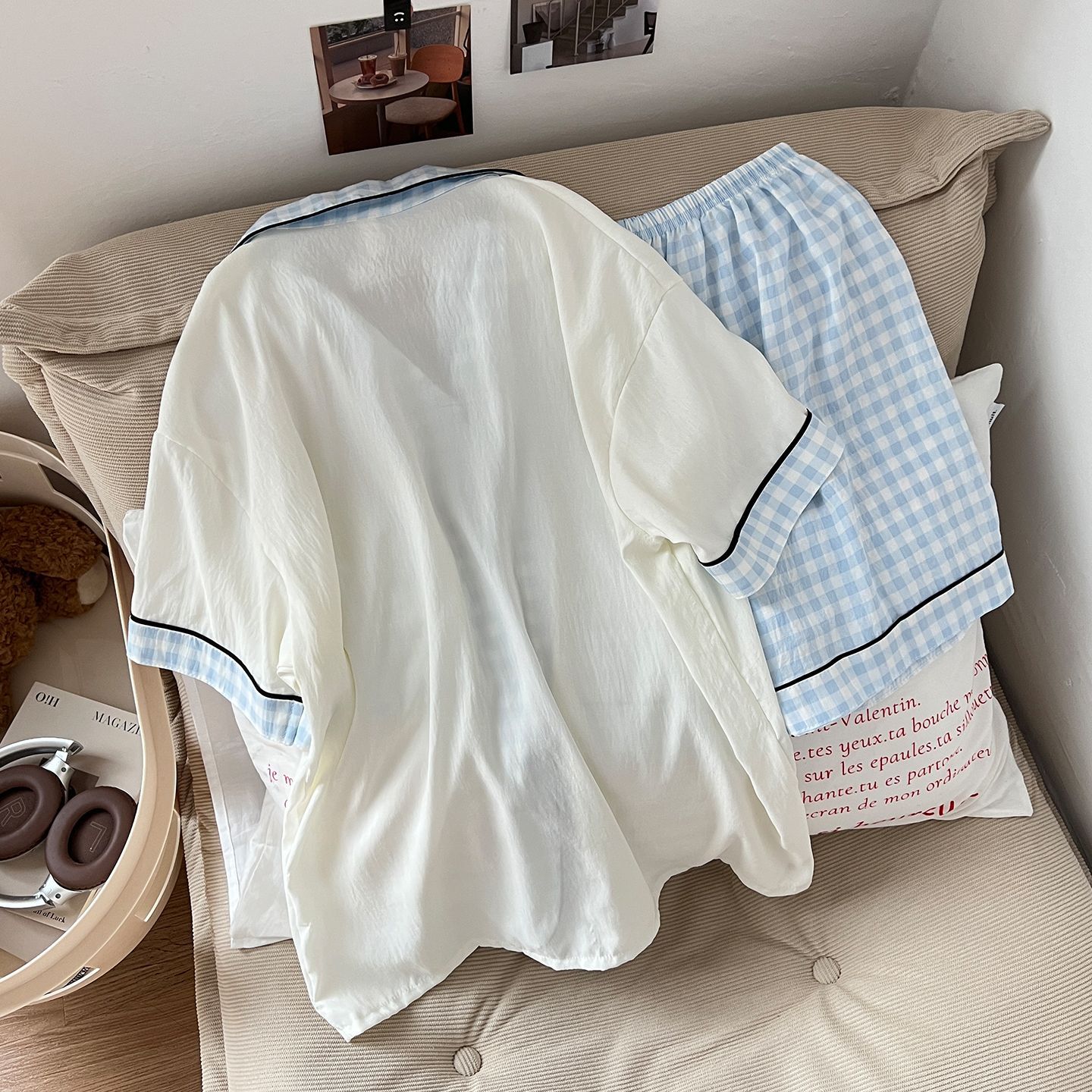 Pijamas de algodón de nube al por mayor transfronterizo para mujer, cárdigan fino de manga corta de verano, traje de servicio a domicilio de estudiante de dibujos animados dulce y lindo