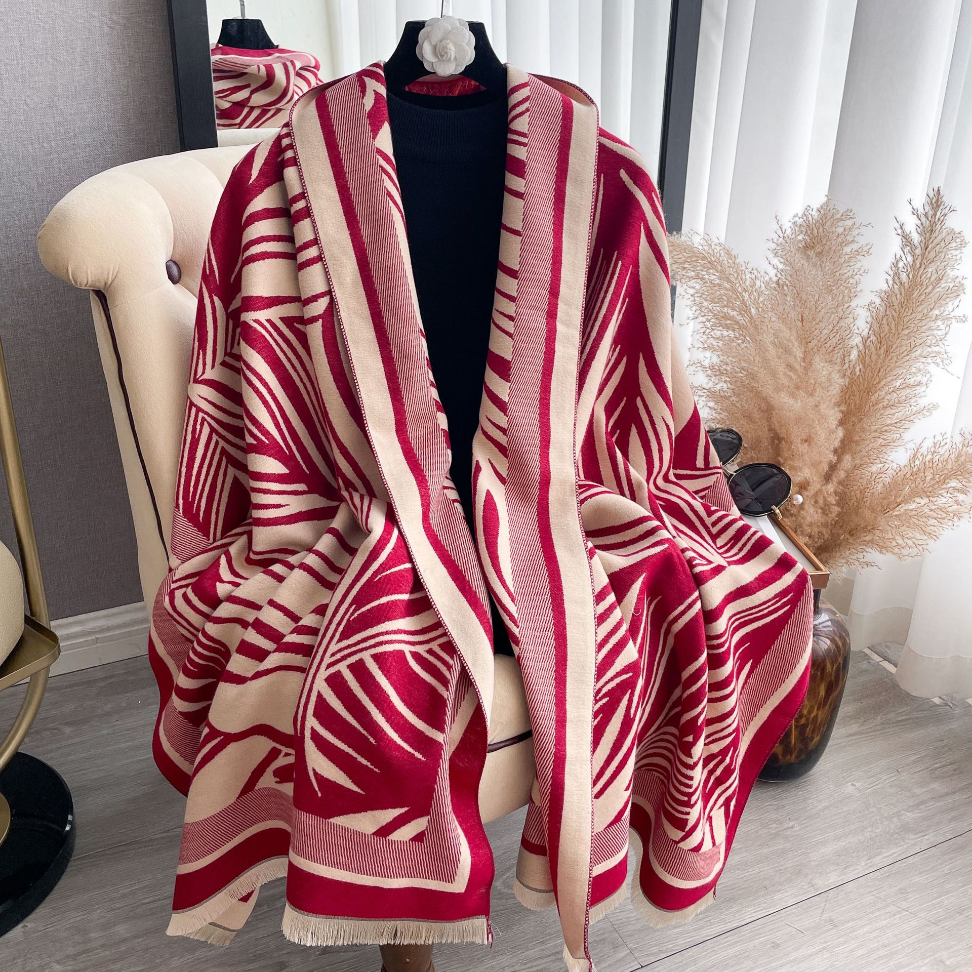 Mujeres de invierno coreana estilo universal bufandas de cuello impresión de hojas largas bufandas cálidas mujeres imitación de cachemir con un chal