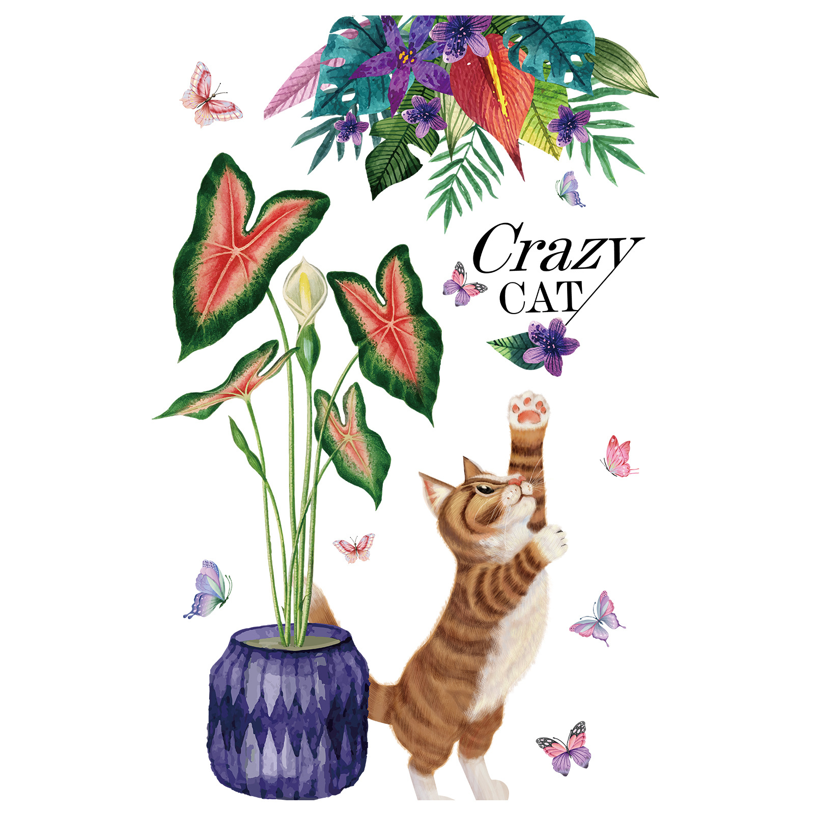 Nuevo MS-JA018 plantas verdes tropicales en maceta adorable gato sala de estar dormitorio de niños pegatinas de pared pegatinas decorativas