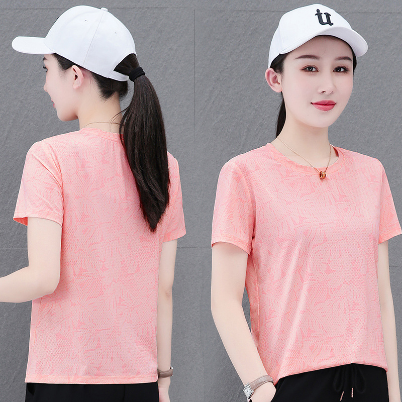 Nylon Ice Silk Quick-Drying Elastic Printed Camouflage Short-Sleeved T-Shirt Women's Summer Round Neck Mesh Breathable Large Size Loose