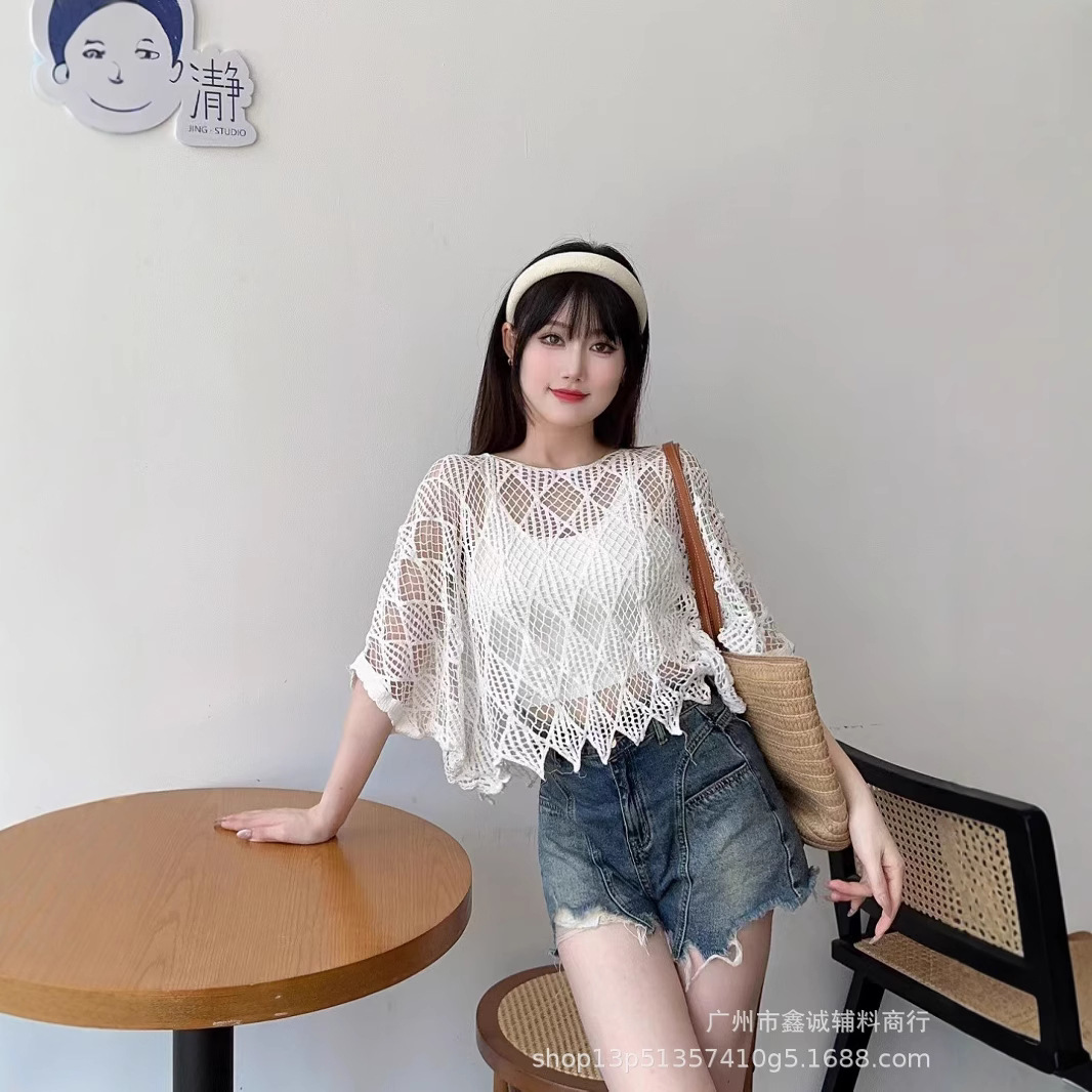 Bohemian Ethnic Style Hollow-out Pullover Knitted Blouse Women's Hook Flower Thin Loose Lace Outer Top
