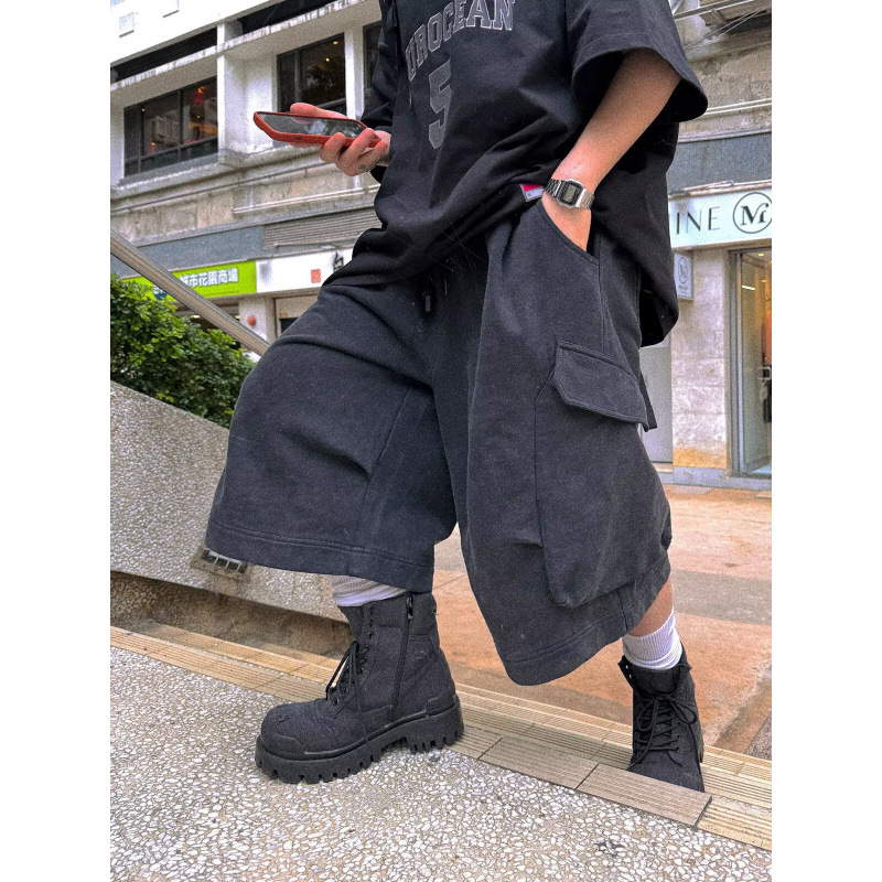 美式复古大口袋阔腿工装七分裤男女夏季高街潮牌宽松百搭休闲短裤