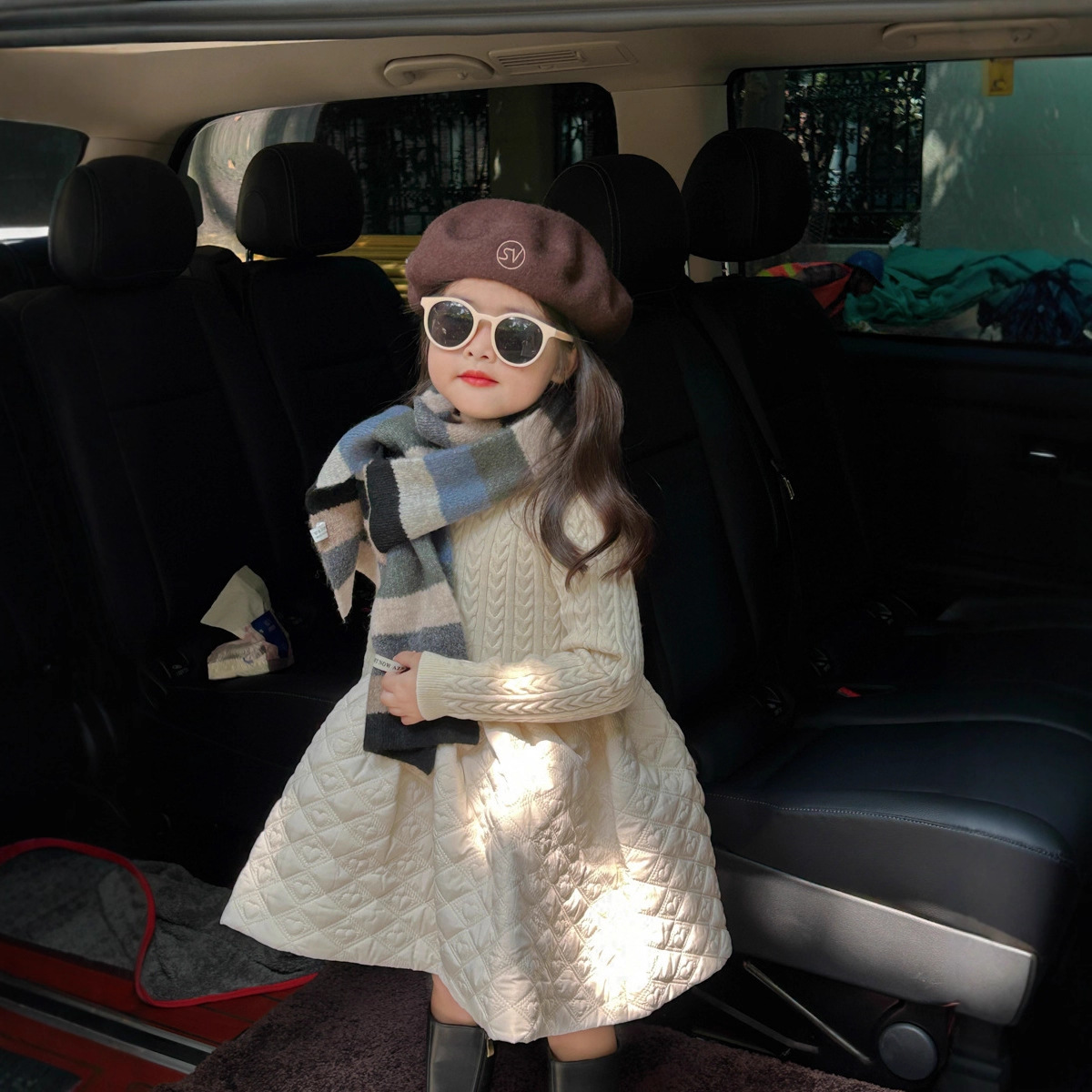 Korean Children's Clothing 2026 Autumn and Winter Sweater Knit Warm Winter Children's Patchwork Quilted Fashionable Stylish Dress