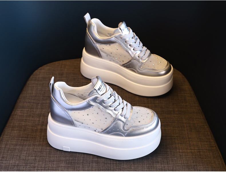 Giày sneaker nữ đế dày tăng chiều cao, mặt lưới thoáng khí, phối trắng đa năng — bạc trắng chi tiết 5