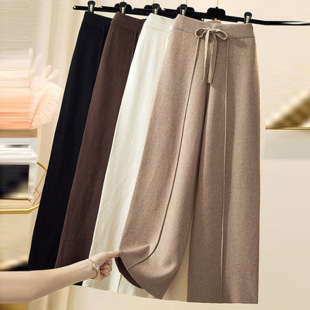 2025 New Knitted Wide Leg Pants Women's Nine-Point High Waist Straight-Leg Loose Woolen Pants Lace-Up Floor-Mopping Pants