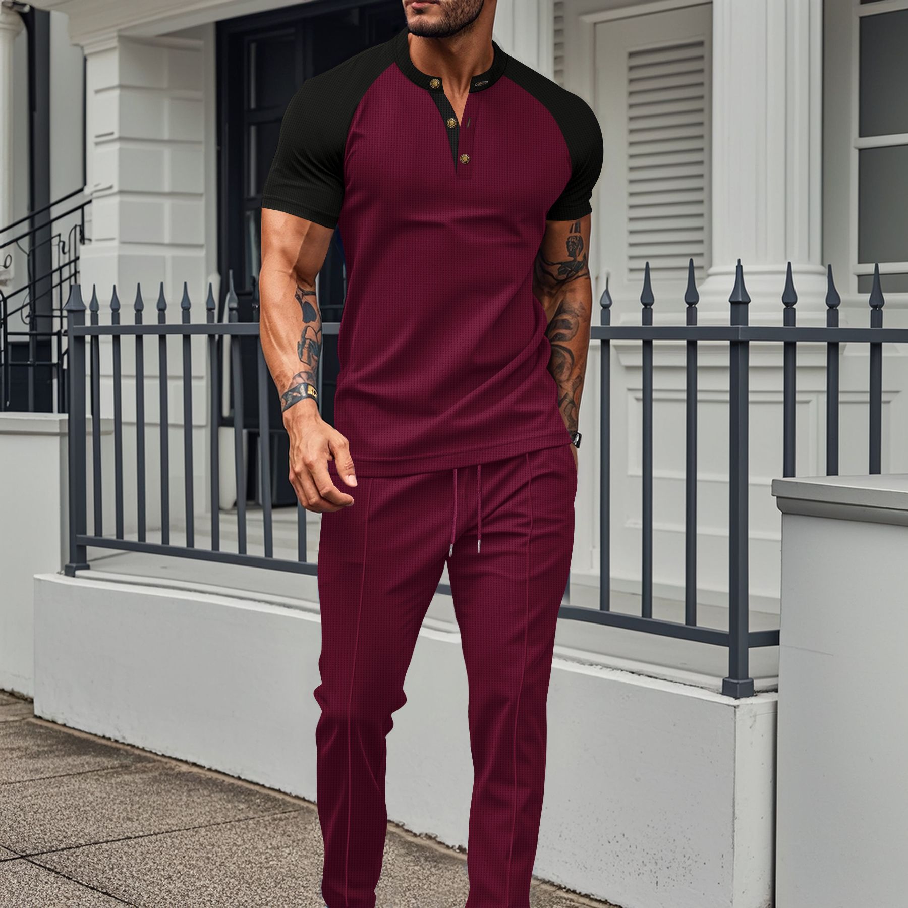 Ensemble de costume d'été décontracté pour homme - T-shirt à manches courtes et col rond color block et pantalon. Ensemble deux pièces élégant et basique en polyester._voghion.com
