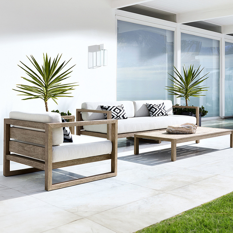 Sofá de patio para exteriores, conjunto de muebles de jardín impermeables y resistentes al sol, muebles de terraza para villa de madera de teca anticorrosión. image 12