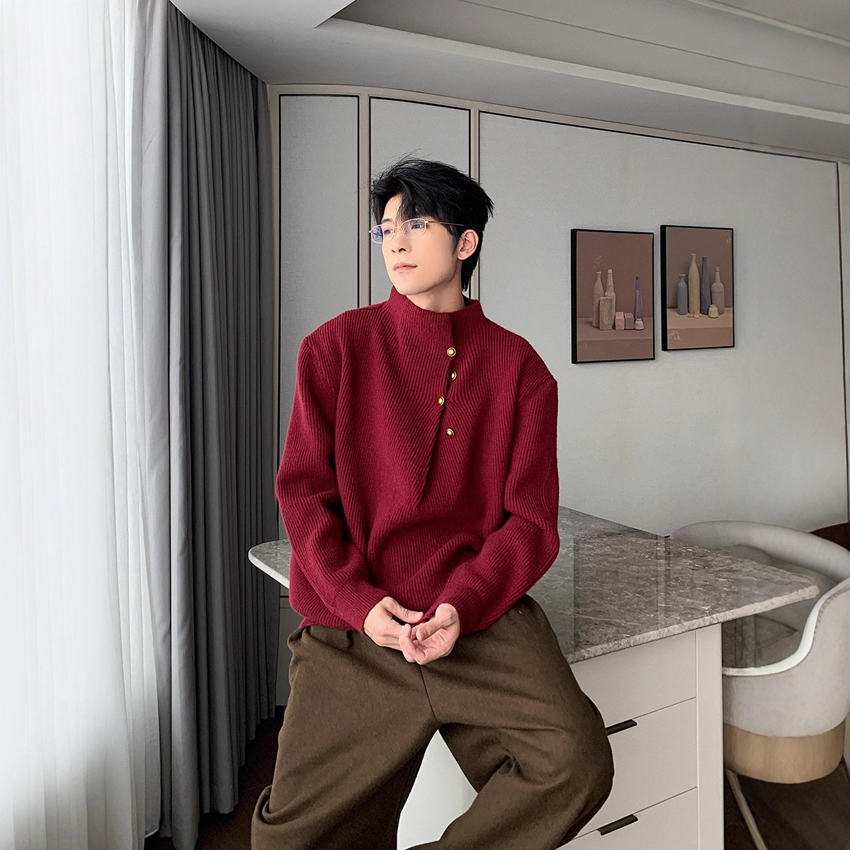 Irregular Button Couple Heavy Knitwear Men's Winter Trendy Men's High-End Knitwear Men's Cleanfit Top