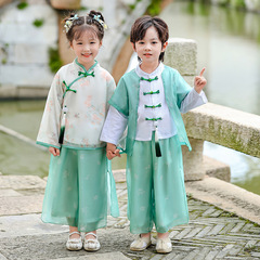 Children's Hanfu, Boys' and Girls' Scholar Attire, Vintage Costume Set with Traditional Chinese Studies Design, Mesh Fabric Suit—Wholesale for Kindergarten & Elementary School Students, Chinese-style Performance Outfit