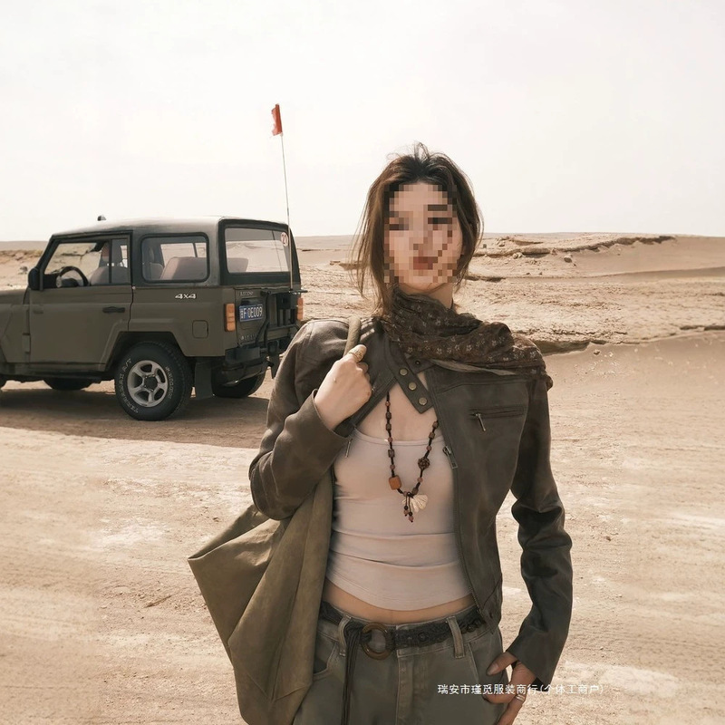Western American retro brown leather jacket for women in autumn, slim-fit short biker jacket for trendy girls